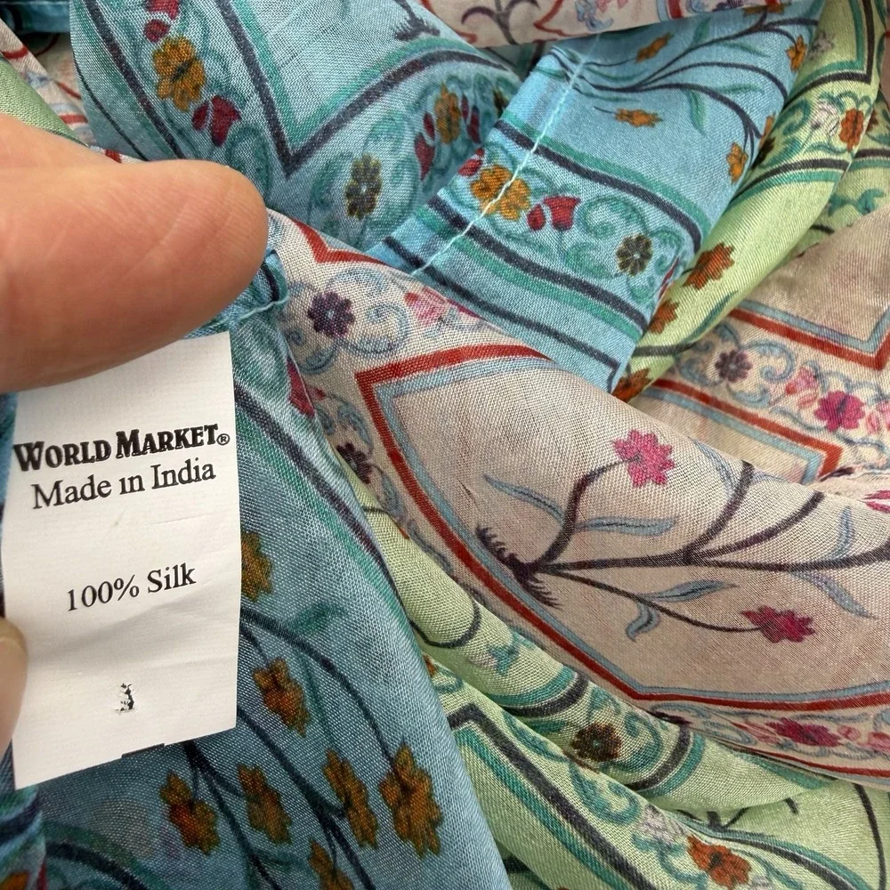 World Market Silk Scarf Floral Teal Asian Rectangle Feminine Prairie Coquette